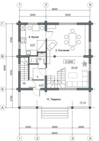 Сруб дома на сваях 7,5х8 м (+2 м терраса) из бревна (145 кв.м)