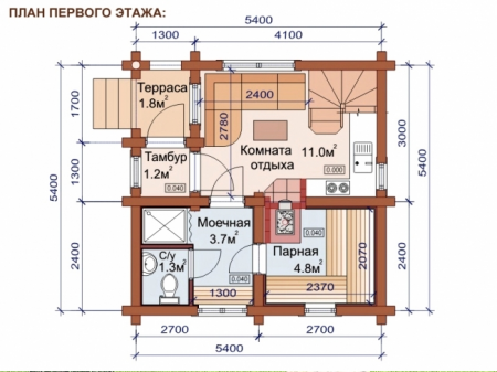 Двухэтажная баня из рубленного бревна 5,4х5,4 м, 44.2 кв. м