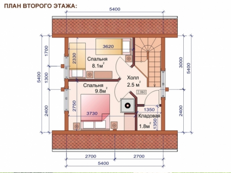 Двухэтажная баня из рубленного бревна 5,4х5,4 м, 44.2 кв. м