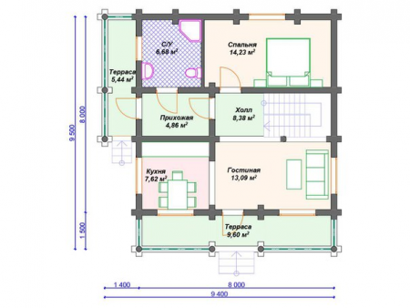 Дом с мансардой и террасой из бревна 9,4х9,5 м (131 кв.м)