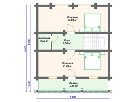Дом с мансардой и террасой из бревна 9,4х9,5 м (131 кв.м)