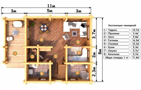 Двухэтажный дом из бревна 8х11 м (123,5 кв.м)