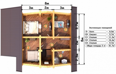 Двухэтажный дом из бревна 8х11 м (123,5 кв.м)