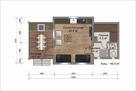 Большая баня с мансардой из двойного бруса, 10.5х5.3 м, 45 кв. м 