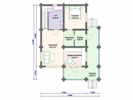 Дом с мансардой из бревна 9х11,5 м (141 кв.м)