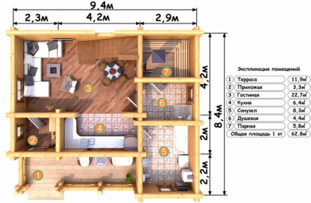 Дом с мансардой из бревна 8,4х9,4 м (108,8 кв.м)