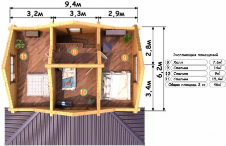 Дом с мансардой из бревна 8,4х9,4 м (108,8 кв.м)