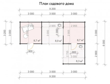Садовый домик из мини-бруса 9.2х6 м, 17.4 кв. м, с террасой 