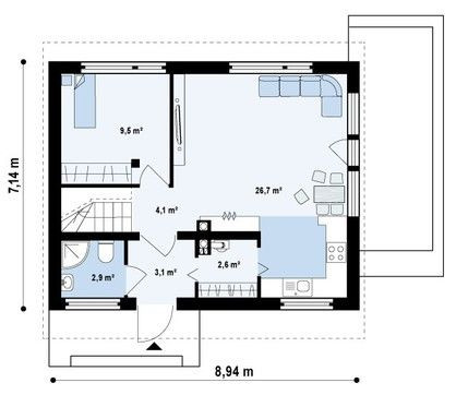 Каркасный дом 8.9х7.1 м, 90 кв. м, с мансардой