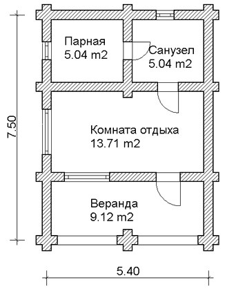 Баня из рубленого бревна, 5.4 на 5.4 м, 40 кв.м