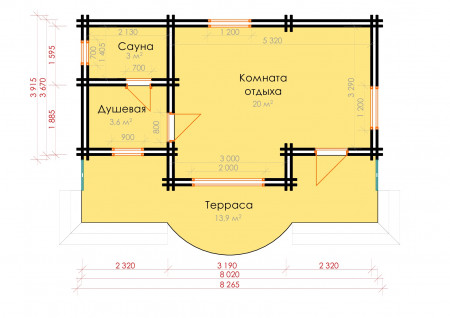 Баня с террасой из двойного бруса, 8.3х3.9 м, 27 кв. м 