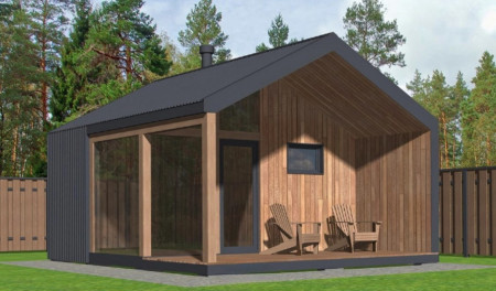 Баня в стиле БарнХаус 4х5 м, 17 м2 с террасой 10 м2