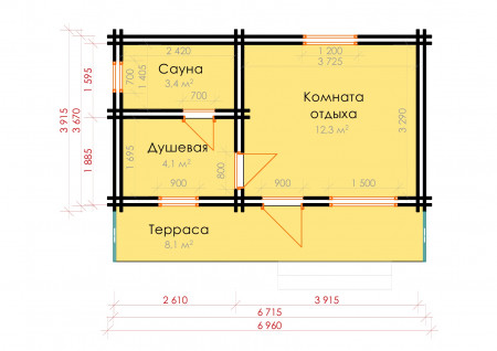 Баня для дачи из двойного бруса, 6.9х4.9 м, 19.8 кв. м 