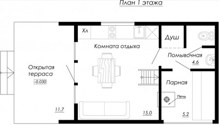Двухэтажная баня БарнХаус 4,5х2,7 м, 37 м2 с открытой террасой