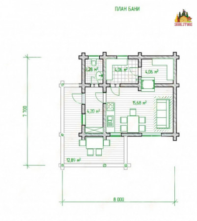 Сруб одноэтажной бани, 8 на 7.7 м, 43,2 кв.м