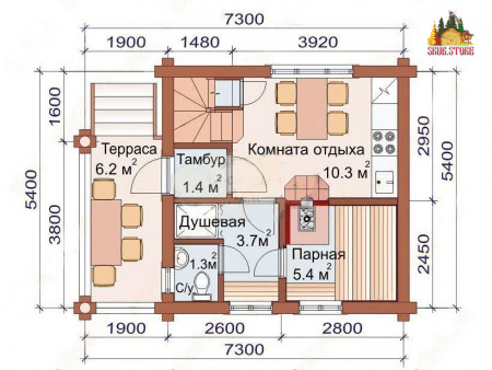 Сруб бани с мансардой, 7.3 на 5.4 м, 45 кв.м