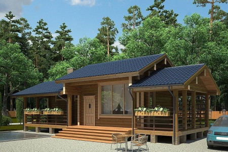 Красивая баня с террасой из двойного бруса, 7.5х5.4 м, 25 кв. м 