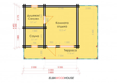Красивая баня с террасой из двойного бруса, 7.5х5.4 м, 25 кв. м 