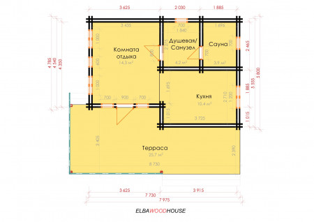 Баня с террасой из двойного бруса, 8.7х8.2 м, 30 кв.м 