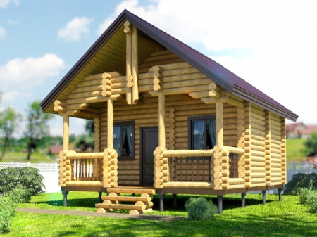 Баня из рубленного бревна 5,5х6,5 м, 19.1 кв. м, с террасой