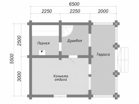 Баня из рубленного бревна 5,5х6,5 м, 19.1 кв. м, с террасой