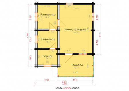 Деревянная баня (двойной бурс), 8.1х6.8 м, 35 кв. м 
