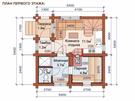 Баня из бревна с мансардой 5,4х5,4 м (58,4 кв.м)
