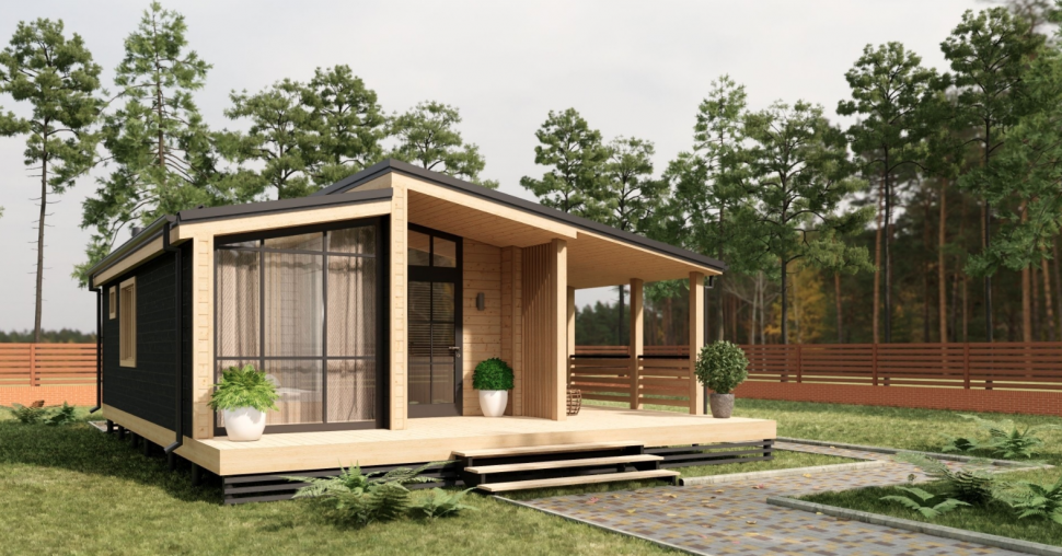 Модульный домик для дачи с просторной угловой террасой, 35 м2 - купить в Москве, проекты от «Srub.Store»