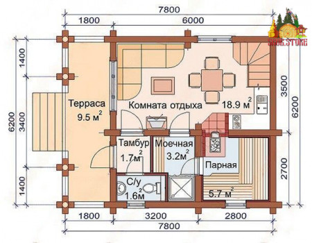 Сруб бани полтора этажа, 51,1 кв.м