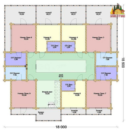 Сруб двухэтажной гостиницы 296 кв.м (9 номеров)