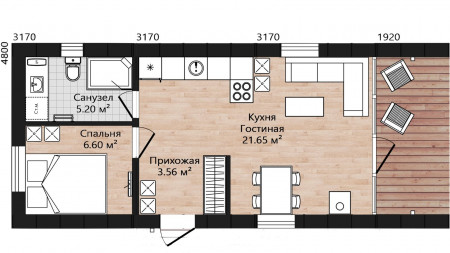Мини БарнХаус 4,8х9,5 м, 31 м2, с террасой и патио