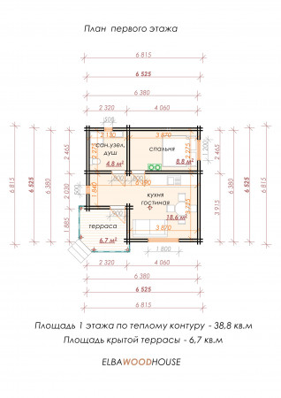 Проект дачного дома 6.8х 6.8м, 52 кв. м, с мансардой (ПДД-014)  