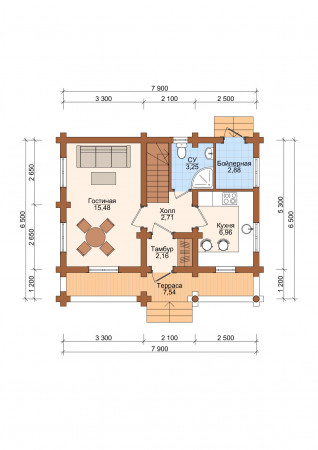 Сруб двухэтажного дома 79,84 м2 с террасой