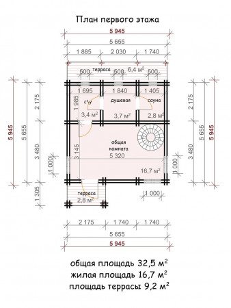Баня двухэтажная из двойного бруса, 5.9х5.9, 60 кв. м