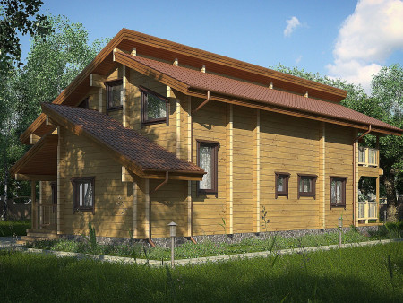 Загородный дом из клеёного бруса с верадной и открытым балконом, 263 м2