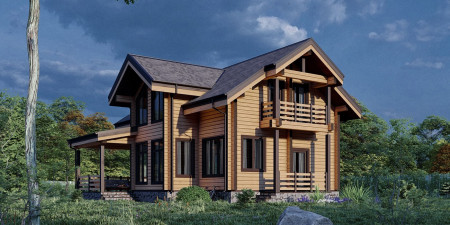 Загородный особняк из клеёного бруса с открытой террасой и балконом, 175,7 м2