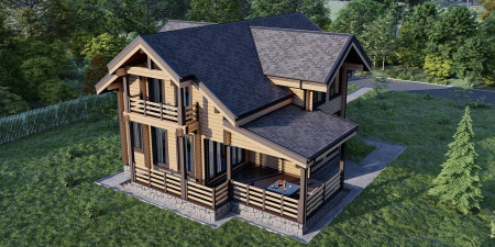 Загородный особняк из клеёного бруса с открытой террасой и балконом, 175,7 м2
