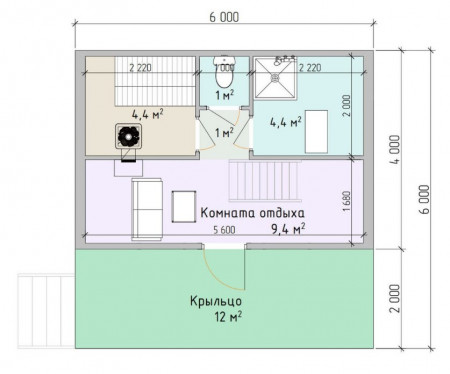 А-фрейм баня, 1,5 этажа (второй свет) 6х6 м, 43 м. кв