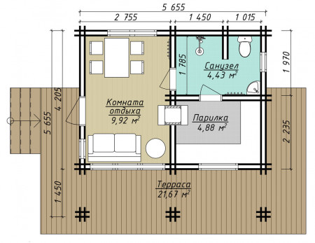 Баня с мансардой и большой открытой террасой, 5.6х5.6 м, 38 кв. м 