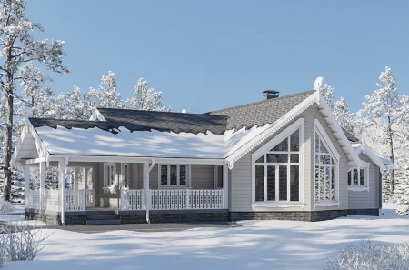 Одноэтажный дом из клеёного бруса с летней верандой, 212 м²