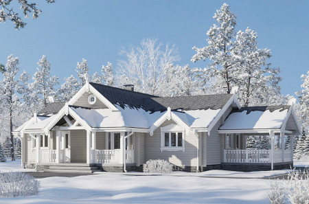 Одноэтажный дом из клеёного бруса с летней верандой, 212 м²