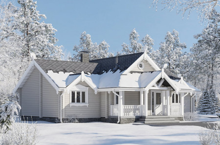 Одноэтажный дом из клеёного бруса с летней верандой, 212 м²