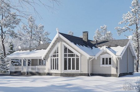 Одноэтажный дом из клеёного бруса с летней верандой, 212 м²