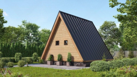 А-фрейм баня, 1,5 этажа (второй свет) 8х8 м, 74 м. кв