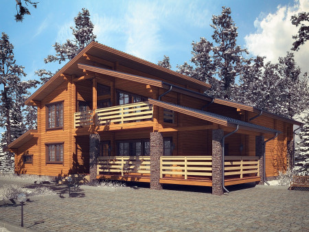 Двухэтажный загородный дом из клеёного бруса с гаражом и тренажёрным залом, 424,7 м2