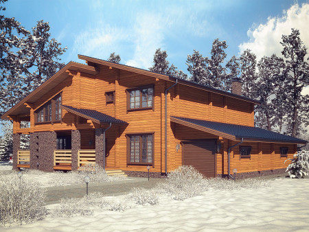 Двухэтажный загородный дом из клеёного бруса с гаражом и тренажёрным залом, 424,7 м2