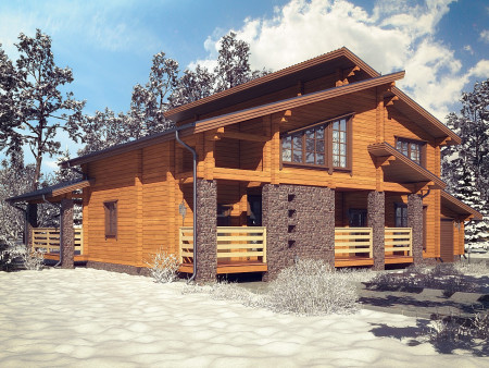 Двухэтажный загородный дом из клеёного бруса с гаражом и тренажёрным залом, 424,7 м2