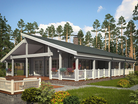 Одноэтажный загородный дом из клеёного бруса с просторной опоясывающей террасой, 210 м2