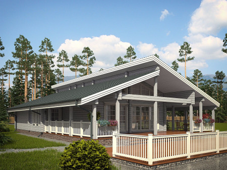 Одноэтажный загородный дом из клеёного бруса с просторной опоясывающей террасой, 210 м2