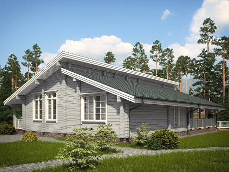 Одноэтажный загородный дом из клеёного бруса с просторной опоясывающей террасой, 210 м2